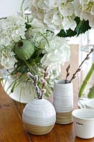 Vases de tiges de saule discolore et fleurs d'hortensia