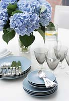 Vaisselle bleue sur table à manger