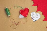 Faire des décorations de Noël - Les matériaux requis sont un modèle de coeur, une aiguille, du fil, de la laine et du feutre