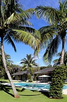 Jardin tropical avec palmiers et piscine