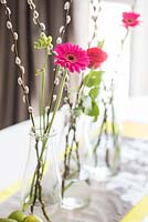 Arrangements de tiges de saule, Gerbera et fleurs de freesia sur table à manger