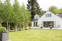 Maison moderne et jardin avec pelouse