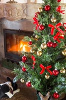 Détail de l'arbre de Noël et chien de compagnie par le feu
