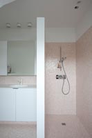 Douche dans salle de bain moderne avec carrelage rose