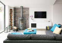 Salon moderne avec poêle à bois et télévision murale