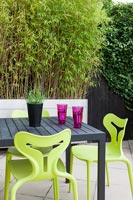 Chaises vert lime autour d'une table de jardin noire avec paravent en bambou