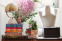 Table d'appoint avec livres, ornements et plantes d'intérieur