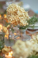 Fleurs d'hortensia séchées crème dans un vase bouteille en verre