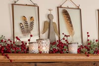 Décorations de Noël et plumes encadrées sur une étagère en bois