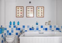 Carreaux de style patchwork bleu et blanc dans la salle de bain classique