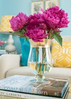 Fleurs rose vif dans un vase en verre sur table basse