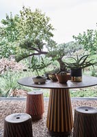 Table ornée et tabourets assortis - plantes d'intérieur sur table avec vue sur le jardin