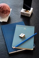 Cahiers bleus et accessoires sur le bureau
