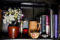 Fleurs en pot en céramique à côté de livres et ornements sur étagère noire