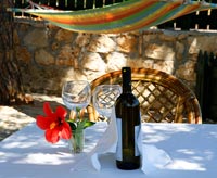 Nappe et bouteille de vin sur petite table de jardin ombragée par des arbres avec hamac
