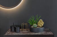 Cactus en pot noir sur table d'appoint à côté de halo light sur mur noir