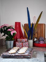 Poinsettia et cadeaux de Noël sur le plan de travail de la cuisine