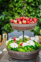 Détail de la table à manger en plein air - pièce maîtresse avec fleurs et fruits