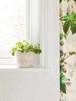 Plante d'intérieur sur le rebord de la fenêtre de la salle de bain à côté du rideau de douche floral