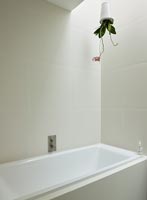 Cache-pot retourné au-dessus de la baignoire dans la salle de bains moderne