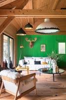 Salon de campagne moderne avec mur en bois peint en vert vif