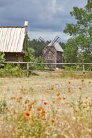 Vue sur prairie à grange en bois et moulin à vent