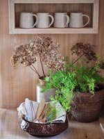 Herbes et fleurs séchées sur plan de travail de cuisine en bois - détail