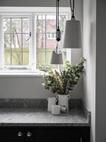 Détail d'arrangement floral sur plan de travail de cuisine par fenêtre