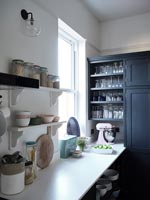 Unité peinte en bleu foncé dans la cuisine blanche moderne
