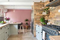 Mur caractéristique peint en rose dans la cuisine de campagne moderne