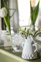 Fleurs coupées blanches dans des vases en céramique blanche