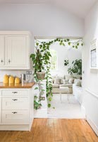 Plante grimpante encadrant la porte entre la cuisine moderne et le salon
