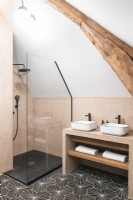 Double vasque et cabine de douche dans la salle de bain moderne