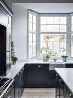 Unités de cuisine noires et plantes d'intérieur décoratives devant une grande fenêtre