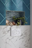 Détail de l'éclairage encastré dans la niche de douche et la plaque de chasse d'eau des toilettes, mélange de carrelage ; carreaux de mosaïque, de marbre et de sarcelle