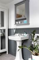 Détail du lavabo sur colonne dans une salle de bains classique grise et blanche