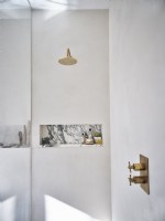 Salle de bain blanche avec pommeau de douche et robinets dorés