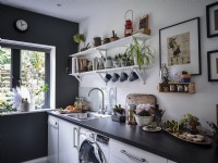 Étagères dans la cuisine avec plantes d'intérieur, livres et objets de collection