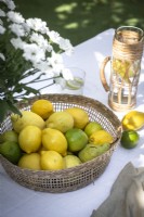 Citrons et limes dans un panier sur une table à manger extérieure