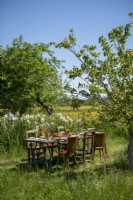 Table et chaises de salle à manger extérieures rustiques dans un jardin de campagne