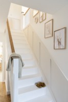 Escalier en bois peint en blanc avec lambris dado