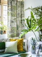 Banc avec vase et plantes d'intérieur avec rideaux à motifs