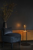 Salon contemporain avec fauteuil et murs sombres.