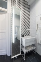 Salle de bain en noir et blanc avec vue sur le lavabo et grand miroir