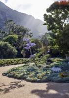 Jardin tropical avec allée en brique et vue sur les montagnes au-delà