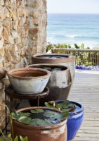 Collection de grands pots sur terrasse avec vue mer