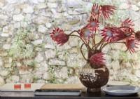 Détail de vase avec arrangement de fleurs coupées tropicales