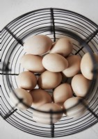 Détail du panier métallique d'œufs frais