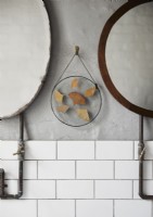 Cadre circulaire de feuilles séchées sur le mur de la salle de bain