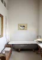 Peinture d'un canard sur une vieille baignoire en étain dans une salle de bains de pays